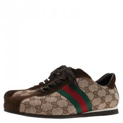 Pre Owned Gucci Beige Guccissima Canvas and Brown Suede Web Detail Sneakers Size 39