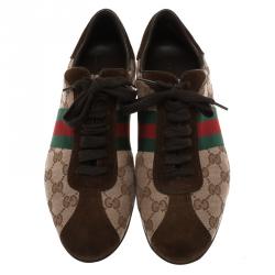 Pre Owned Gucci Beige Guccissima Canvas and Brown Suede Web Detail Sneakers Size 39