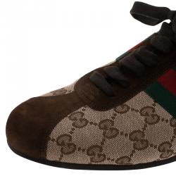 Pre Owned Gucci Beige Guccissima Canvas and Brown Suede Web Detail Sneakers Size 39