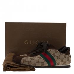 Pre Owned Gucci Beige Guccissima Canvas and Brown Suede Web Detail Sneakers Size 39