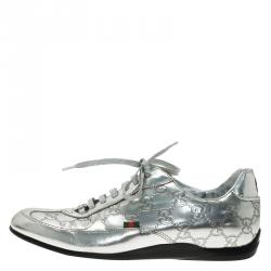 Pre Owned Gucci Silver Mirror Guccissima Leather Sneakers Size 37 