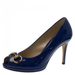 مملوكة مسبقًا Gucci Blue Patent New Hollywood Horsebit Peep Toe Pumps Size 36.5