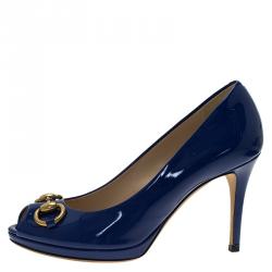 مملوكة مسبقًا Gucci Blue Patent New Hollywood Horsebit Peep Toe Pumps Size 36.5