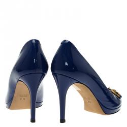 مملوكة مسبقًا Gucci Blue Patent New Hollywood Horsebit Peep Toe Pumps Size 36.5