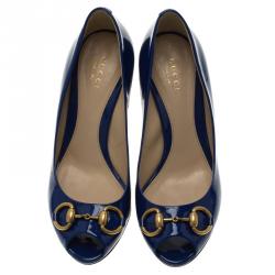مملوكة مسبقًا Gucci Blue Patent New Hollywood Horsebit Peep Toe Pumps Size 36.5