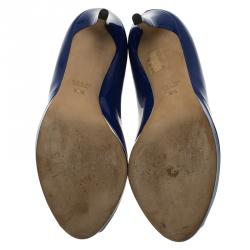 مملوكة مسبقًا Gucci Blue Patent New Hollywood Horsebit Peep Toe Pumps Size 36.5