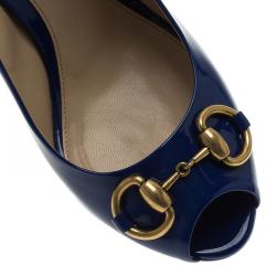 مملوكة مسبقًا Gucci Blue Patent New Hollywood Horsebit Peep Toe Pumps Size 36.5