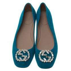 Pre Owned حذاء بالييه فلات غوتشي سويدي أزرق GG كريستال مقاس 39.5