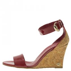 Pre Owned Gucci Red Patent Santander Ankle Strap Cork Wedge Sandals Size 36