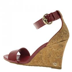 Pre Owned Gucci Red Patent Santander Ankle Strap Cork Wedge Sandals Size 36