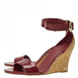 Pre Owned Gucci Red Patent Santander Ankle Strap Cork Wedge Sandals Size 36