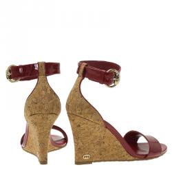 Pre Owned Gucci Red Patent Santander Ankle Strap Cork Wedge Sandals Size 36