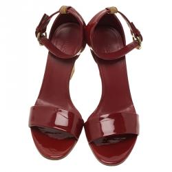 Pre Owned Gucci Red Patent Santander Ankle Strap Cork Wedge Sandals Size 36
