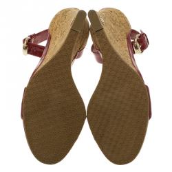 Pre Owned Gucci Red Patent Santander Ankle Strap Cork Wedge Sandals Size 36