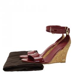 Pre Owned Gucci Red Patent Santander Ankle Strap Cork Wedge Sandals Size 36