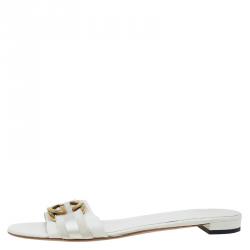 مملوكة مسبقًا Gucci Cream Leather Interlocking GG Flat Slides Size 40.5