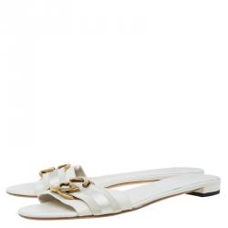 مملوكة مسبقًا Gucci Cream Leather Interlocking GG Flat Slides Size 40.5