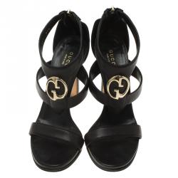 مملوكة مسبقًا Gucci Black Leather GG Back Zip Sandals Size 37.5
