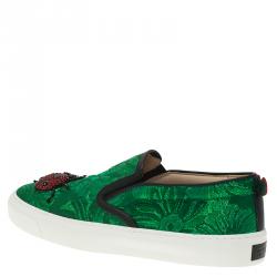 مملوكة مسبقًا Gucci Green Brocade Crystal Lady Bug Slip On Sneakers Size 37.5