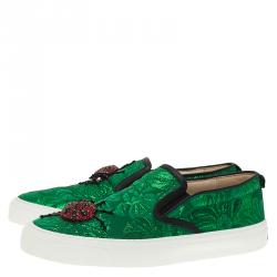 مملوكة مسبقًا Gucci Green Brocade Crystal Lady Bug Slip On Sneakers Size 37.5