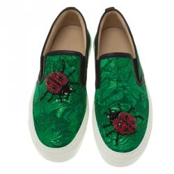 مملوكة مسبقًا Gucci Green Brocade Crystal Lady Bug Slip On Sneakers Size 37.5