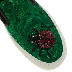 مملوكة مسبقًا Gucci Green Brocade Crystal Lady Bug Slip On Sneakers Size 37.5
