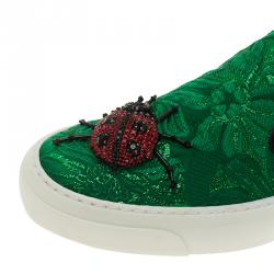 مملوكة مسبقًا Gucci Green Brocade Crystal Lady Bug Slip On Sneakers Size 37.5