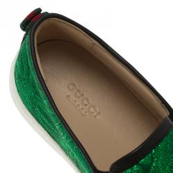 مملوكة مسبقًا Gucci Green Brocade Crystal Lady Bug Slip On Sneakers Size 37.5