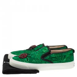 مملوكة مسبقًا Gucci Green Brocade Crystal Lady Bug Slip On Sneakers Size 37.5