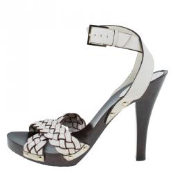 Pre Owned صندل غوتشي بسيور للكاحل كريس كروس جلد مضفر كريمي مقاس 37.5