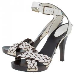 Pre Owned صندل غوتشي بسيور للكاحل كريس كروس جلد مضفر كريمي مقاس 37.5