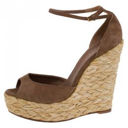 Pre Owned Gucci Brown Suede Ankle Strap Woven Jute Platform Wedges Size 39