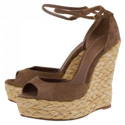 Pre Owned Gucci Brown Suede Ankle Strap Woven Jute Platform Wedges Size 39