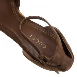 Pre Owned Gucci Brown Suede Ankle Strap Woven Jute Platform Wedges Size 39