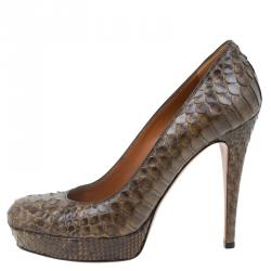 Pre Owned حذاء كعب عالي غوتشي جلد ثعبان بني نعل سميك مقاس 38