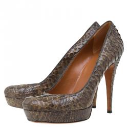 Pre Owned حذاء كعب عالي غوتشي جلد ثعبان بني نعل سميك مقاس 38