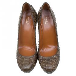 Pre Owned حذاء كعب عالي غوتشي جلد ثعبان بني نعل سميك مقاس 38