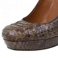 Pre Owned حذاء كعب عالي غوتشي جلد ثعبان بني نعل سميك مقاس 38