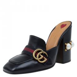 Pre Owned Gucci Black Leather GG Pearl Embellished Web Detail Loafer Mules Size 39.5
