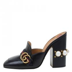 Pre Owned Gucci Black Leather GG Pearl Embellished Web Detail Loafer Mules Size 39.5