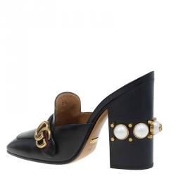 Pre Owned Gucci Black Leather GG Pearl Embellished Web Detail Loafer Mules Size 39.5