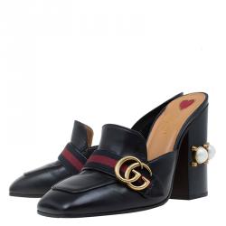 Pre Owned Gucci Black Leather GG Pearl Embellished Web Detail Loafer Mules Size 39.5