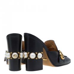 Pre Owned Gucci Black Leather GG Pearl Embellished Web Detail Loafer Mules Size 39.5