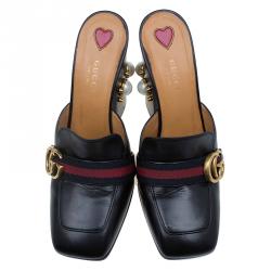 Pre Owned Gucci Black Leather GG Pearl Embellished Web Detail Loafer Mules Size 39.5