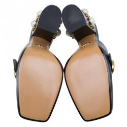 Pre Owned Gucci Black Leather GG Pearl Embellished Web Detail Loafer Mules Size 39.5