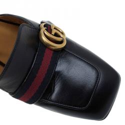 Pre Owned Gucci Black Leather GG Pearl Embellished Web Detail Loafer Mules Size 39.5