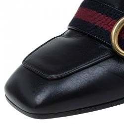 Pre Owned Gucci Black Leather GG Pearl Embellished Web Detail Loafer Mules Size 39.5