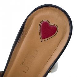 Pre Owned Gucci Black Leather GG Pearl Embellished Web Detail Loafer Mules Size 39.5