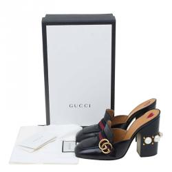 Pre Owned Gucci Black Leather GG Pearl Embellished Web Detail Loafer Mules Size 39.5
