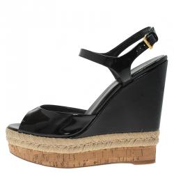 Pre Owned Gucci Black Patent Hollie Wedge Sandals Size 38